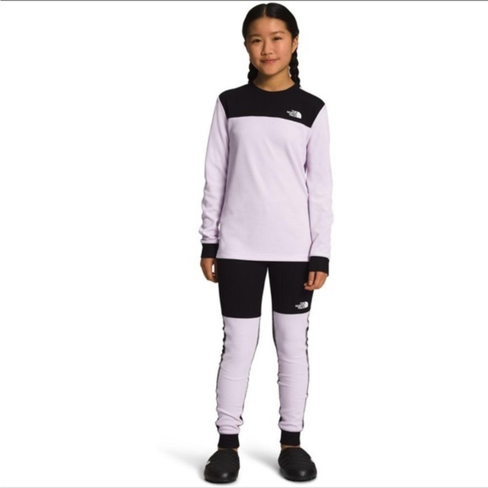 The North Face teen waffle lavender fog flash dry color block two piece set